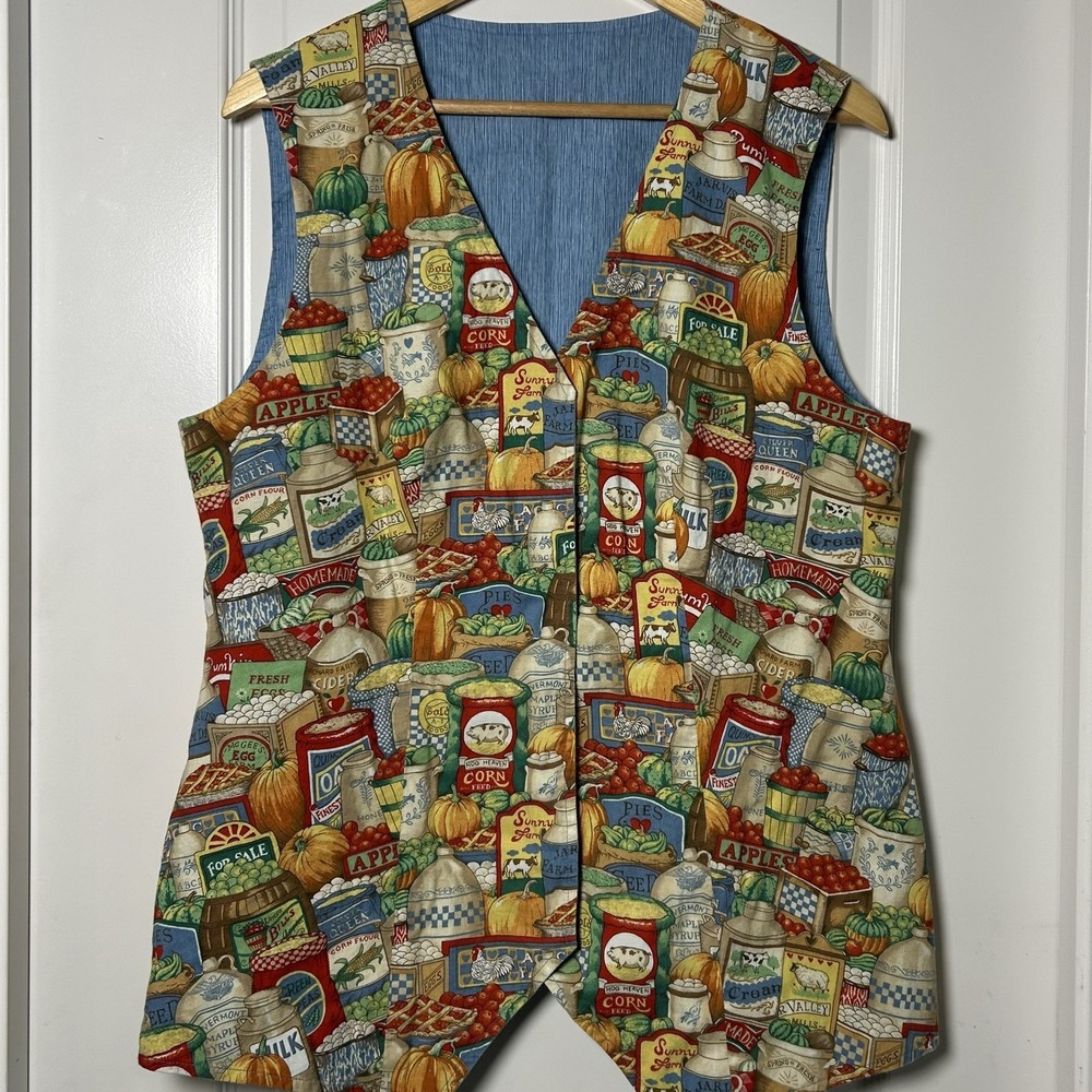 Vintage Handmade Farm Harvest Quirky Novelty Print Open Vest Cottagecore Style